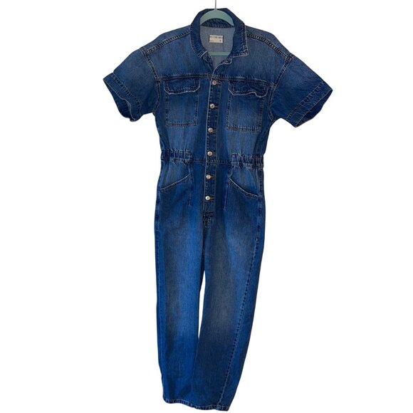 We The  Free Womens Jumpsuit Size Medium Blue Marci Denim Coveralls Short Sleeve - Picture 1 of 10